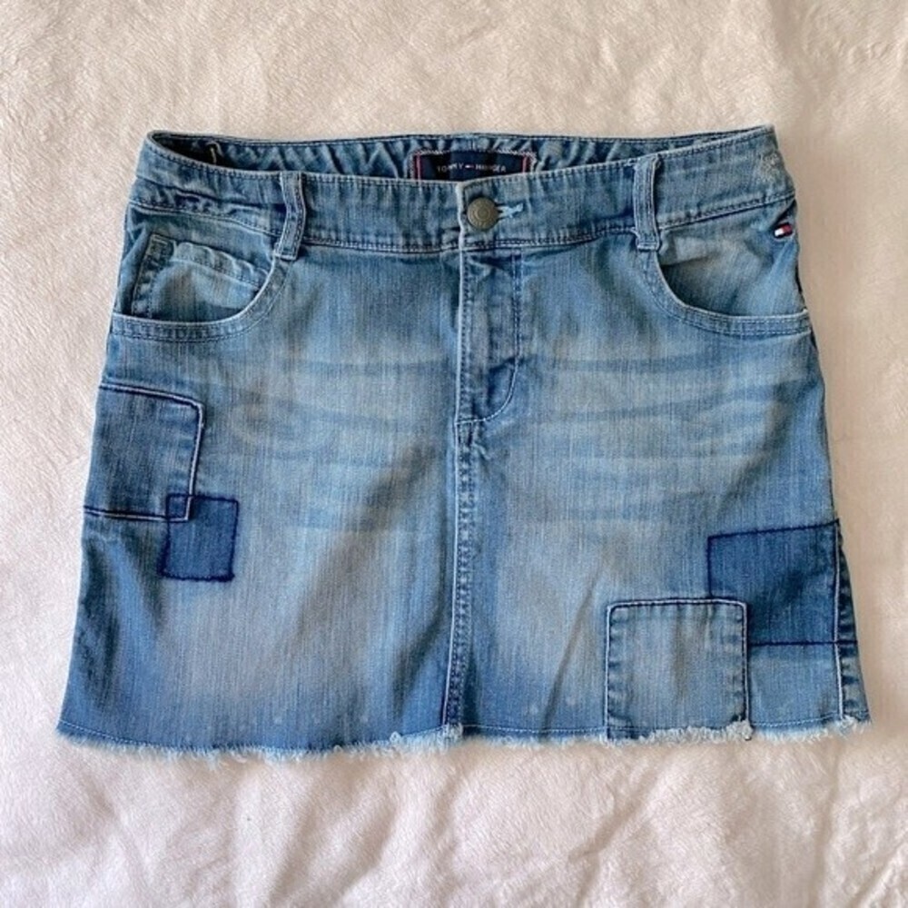 Tommy Hilfiger Youth Patchwork Jean Skirt Sz14 Girls Denim Raw Hem Mini